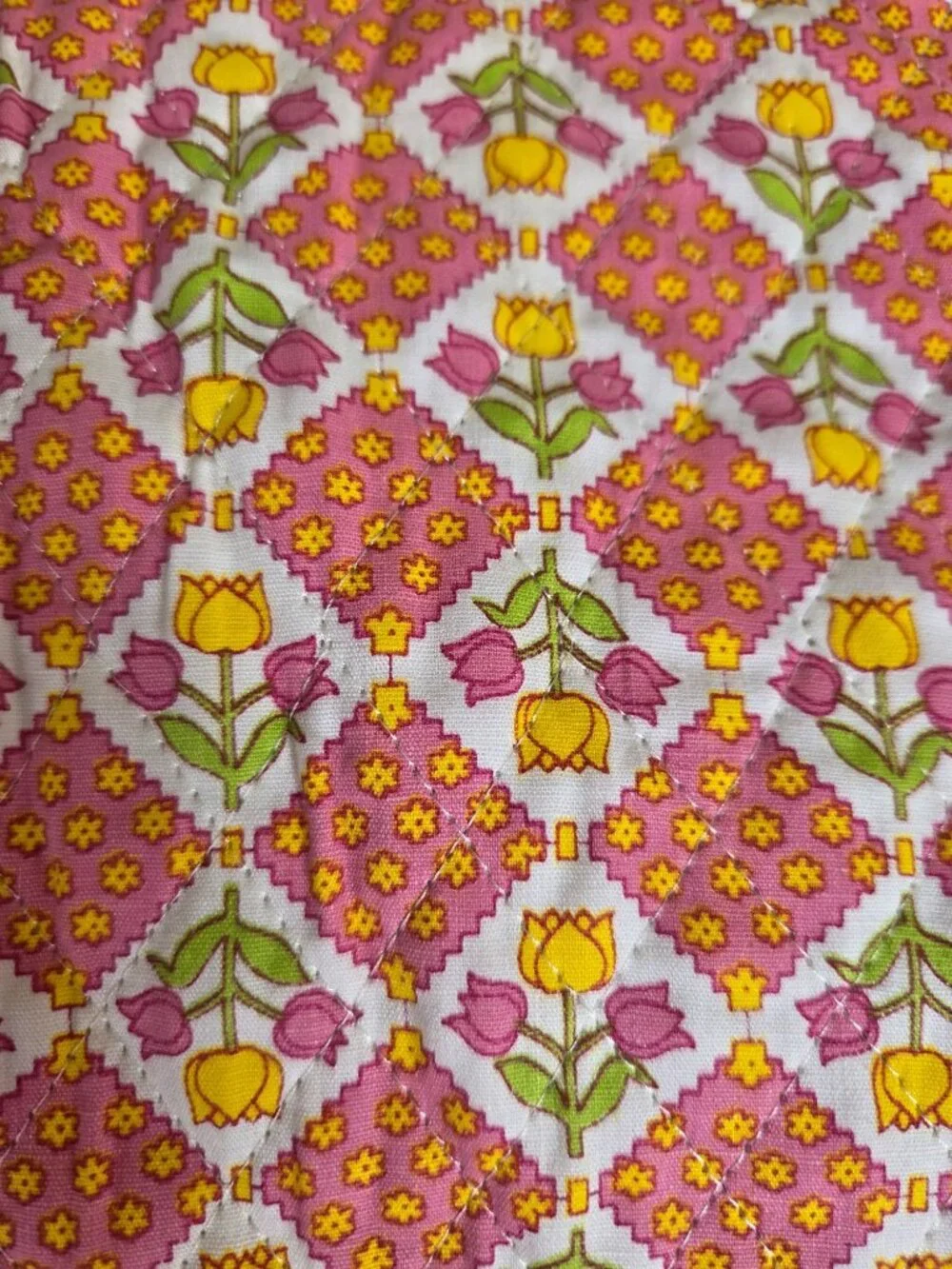 Vtg Hand-Stitched Quilted Nursery Blanket Tulip Pattern Retro Cotton Floral